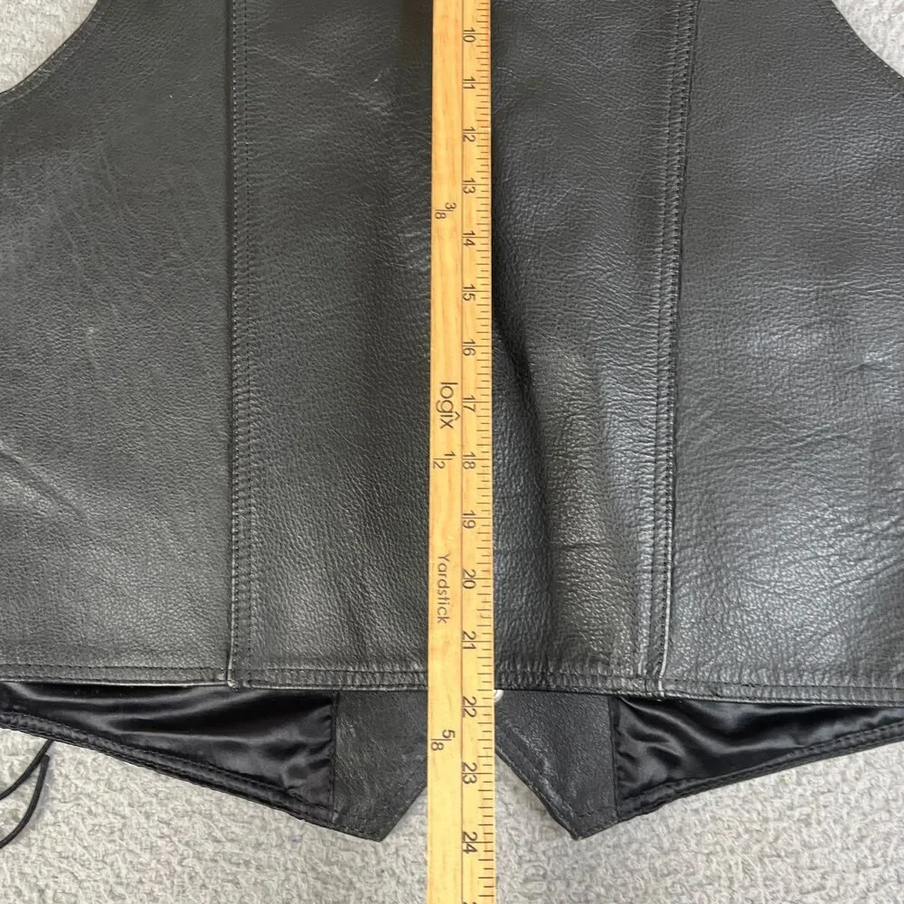 RIVER ROAD Leather Vest Mens Size 44 Black Motorcycle Biker Side Laces Snaps